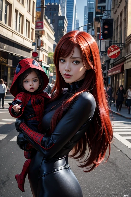 on the street, Mary Jane, long red hair, big breasts, wearing a black Spider-Man costume, holding a , 5 yearng red hair