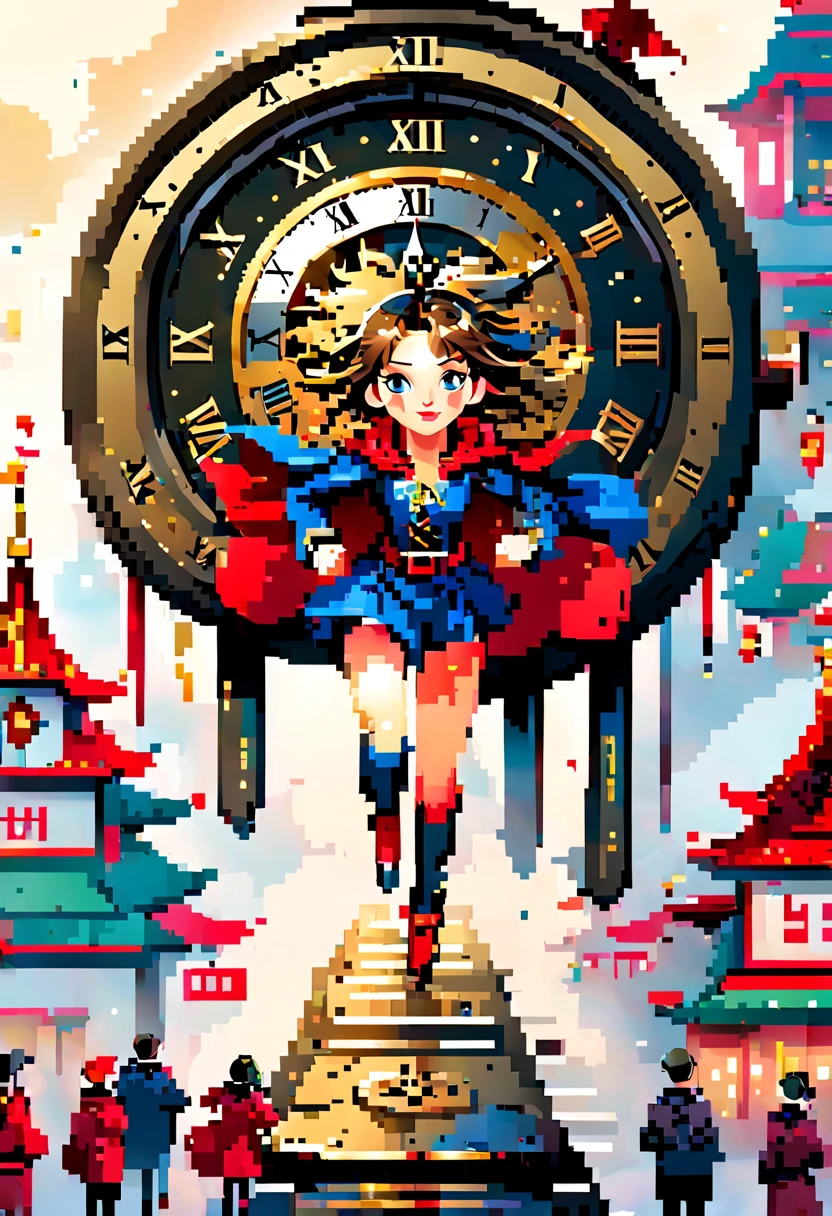 New Year 2024，New Year，Clock hands midnight，flat illustration，flat illustration，(A girl stands on top of a super big clock and runs forward，Look at the audience:1.5)，(anatomically correct, Exquisite face makeup , pretty face, Perfect face proportions，golden ratio body),（Advanced facial details:1.1), full of imagination，warm scene，festive，fireworks，lanterns，celebrate New Year，Vector illustration