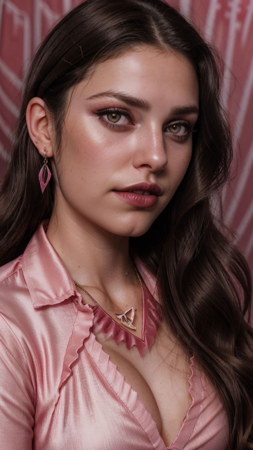 Wavy brown hair, (RAW photo, realism: 1.8), (very dark lip gloss, jet pink lipstick, many eyelashes, dark black eye shadow, shy, blushing, high quality, high resolution, depth of field, chromatic aberration, caustic, wide light, natural colors, 20 year old woman), necklaces, chokers, earrings, bracelets, wear many accessories, style A good woman,l, silk pink shirt, upper body, beautiful skin, lots of exposure, very line, looks delicious, lips that make you want to kiss, scruffy futon,