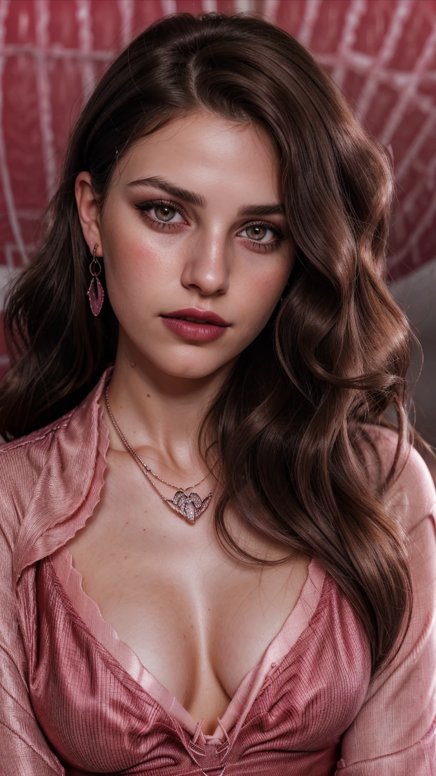 Wavy brown hair, (RAW photo, realism: 1.8), (very dark lip gloss, jet pink lipstick, many eyelashes, dark black eye shadow, shy, blushing, high quality, high resolution, depth of field, chromatic aberration, caustic, wide light, natural colors, 20 year old woman), necklaces, chokers, earrings, bracelets, wear many accessories, style A good woman,l, silk pink shirt, upper body, beautiful skin, lots of exposure, very  line, looks delicious, lips that make you want to kiss, scruffy futon,
