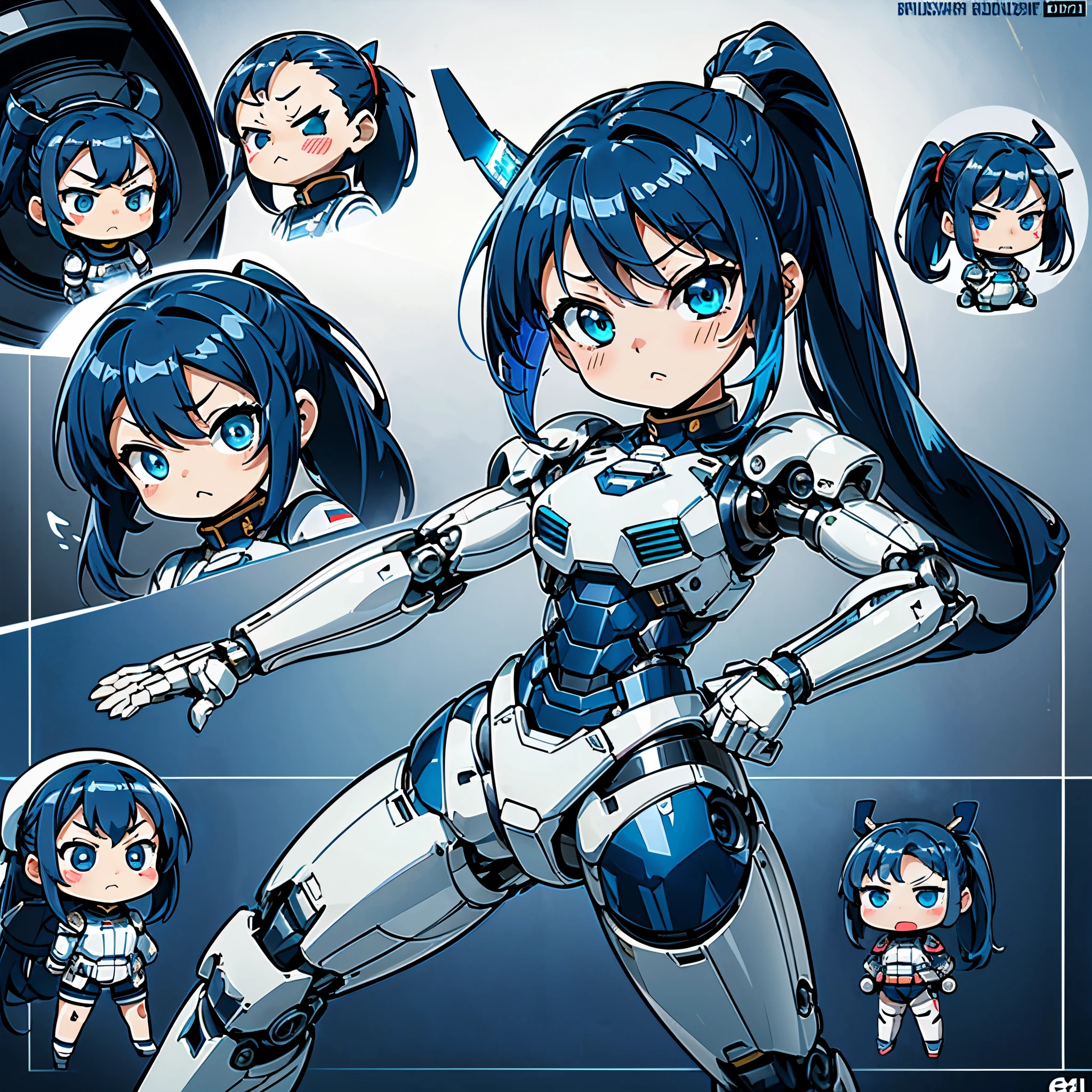 (((masterpiece))), (((Best Quality))), (((high quality))), (((beautiful))), (((8K))), (((highres))), (((absurdres))), (((exquisite))), (((Ultra high definition))), (((High resolution))) li robot, (toler:1.4), (chibi:1.4), (dark blue hair:1.4), (Super long dark blue sideburns), (dark blue long ponytail:1.4), (blue eyes:1.2), (Super drooping eyes:1.4), (overweight), (chibi:1.4), (Streamlined body based on pure white), white and navy pilot suit, navy blue tight-fitting clothes, white and navy shoulder cover clothes, (chibi:1.4), white and navy shiny clothes, navy blue tight fit pants, (chibi:1.4), white and navy thigh cover pants, (Machine body:1.4), (Mechanical joints:1.4), mecha musume, Mechanical parts, Robot joints, Headgear, (chibi:1.4), (Various facial expressions:1.4), (chibi:1.4), (emotions:1.5), (various poses:1.5), (dynamic pose:1.3), cowboy shot, (Reference Sheet:1.22), (Infographic:1.1), (blueprint:1.2)