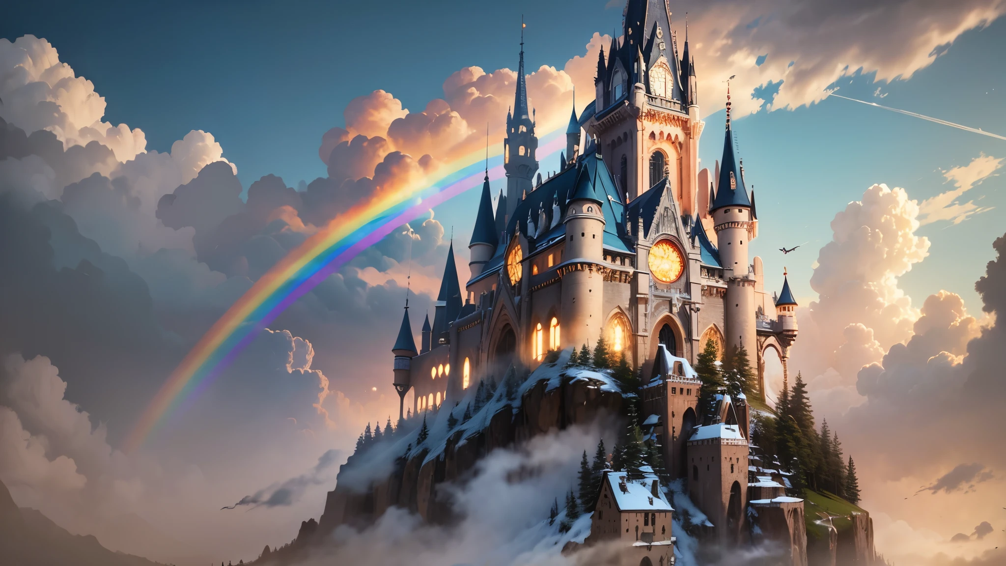 Beautiful queen, holding up sword, old castle in fog, rainbow, French style, low angle, photographic style, --auto --s2