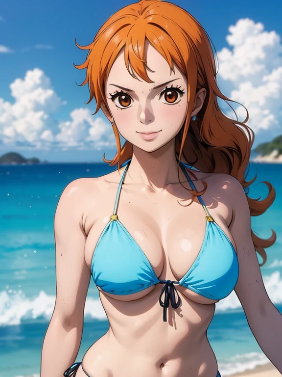 Nami wears a bikini top and super red miniskirt, uma obra-prima , Retrato bonito , arte de anime digital detalhada , Muito detalhes Artgerm haha, deviantart artstation cgsscosiety , fanart melhor artstation, Artgerm. alto detalhamento, seios grandes, olhando para baixo.