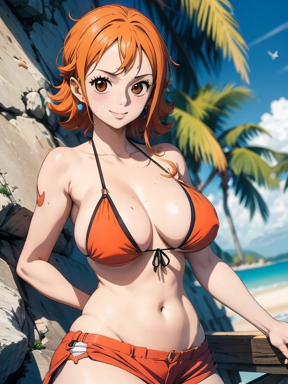 Nami wears a bikini top and super red miniskirt, uma obra-prima , Retrato bonito , arte de anime digital detalhada , Muito detalhes Artgerm haha, deviantart artstation cgsscosiety , fanart melhor artstation, Artgerm. alto detalhamento, seios grandes, olhando para baixo.