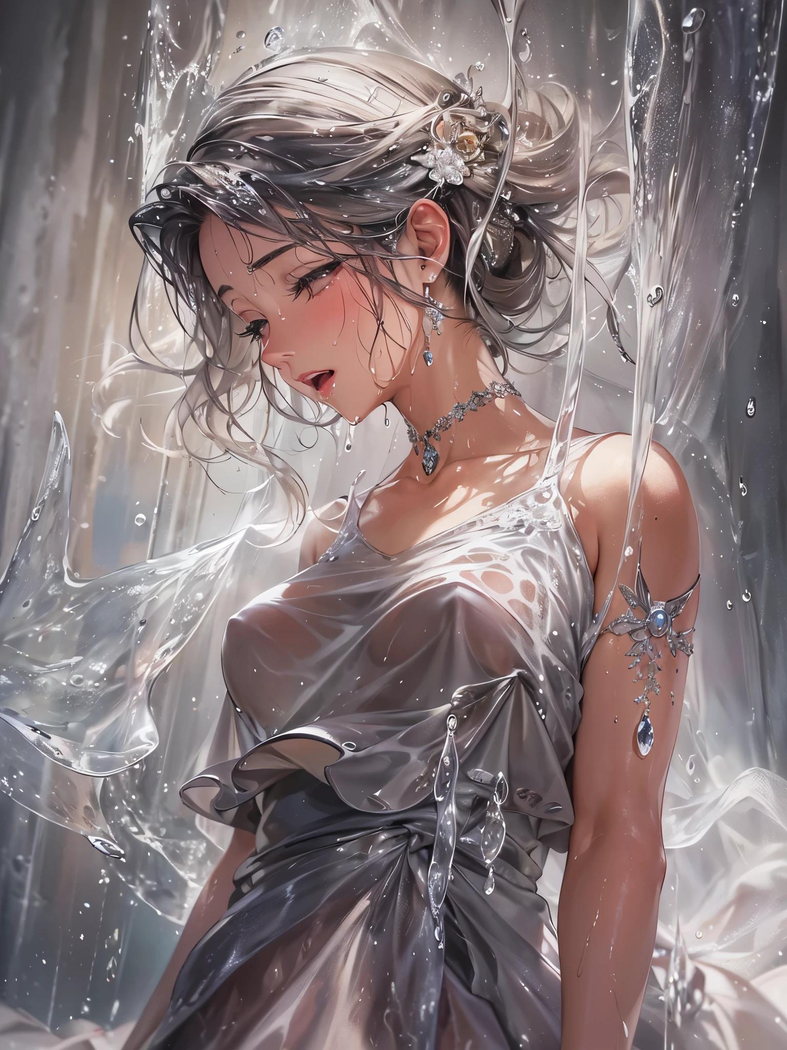 ((top quality)),(ultra high resolution),(Super detailed),(detailed description),((Best Photorealistic)),(Finest works of art),super precision art,amazing art of depiction,(Art with precise depiction in every detail:1.5), (1 woman:1.5),beautiful and well-shaped face:1.6,Delicate proportions:1.6,(A dress that gets wet and sticks to your body:1.8), (Kiyokawa:1.8),splash of water:1.6,