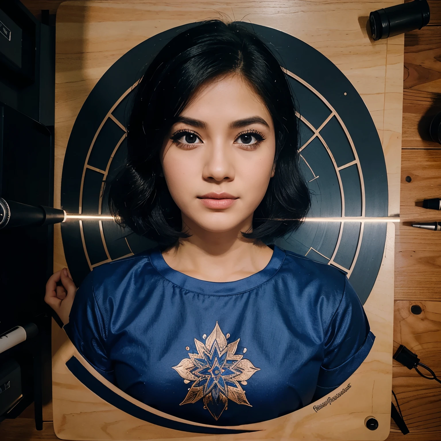 Buatkan gambar karikatur. Gadis baju biru seluar hitam. Bob style. Sedang bekerja di worship laser engraving
