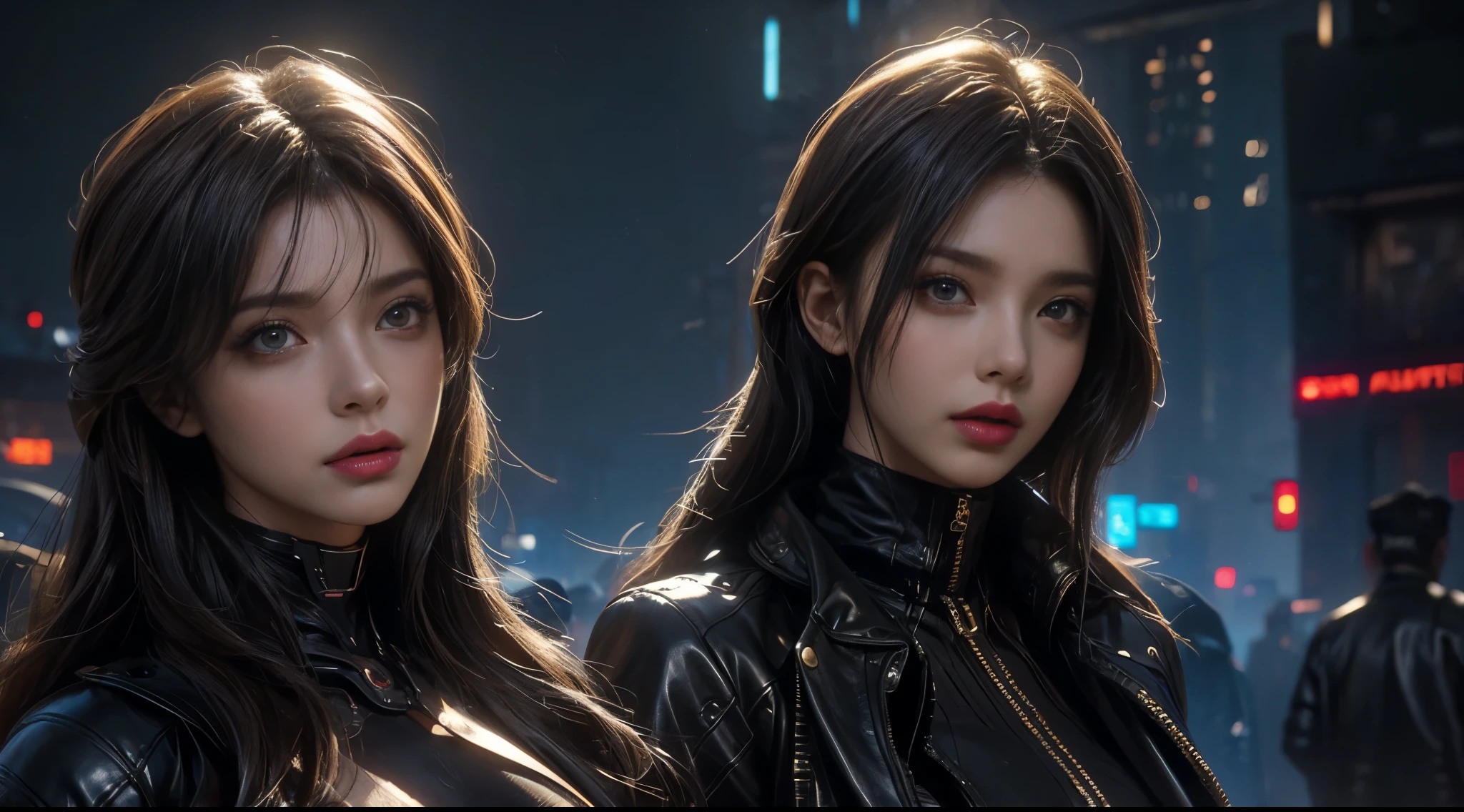 masterpiece,quality,Best quality,official art,(Beauty and aesthetics:1.2),(masterpiece:1.3),The cities of the future,cyberpunk characters,a girl,sexy leather clothes,Off the shoulders,looking at camera,(close lens:1.8),volume fog,rain,night,dramatic