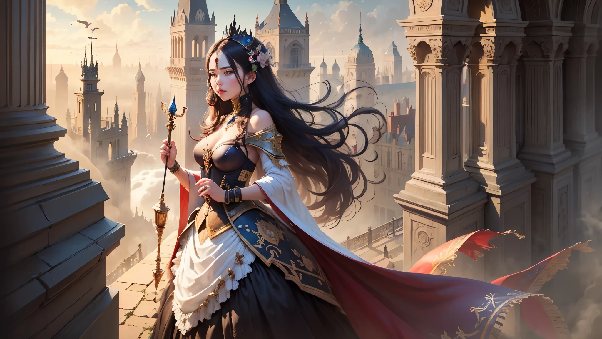 Beautiful queen, holding up sword, old castle in fog, rainbow, French style, low angle, photographic style,   --auto --s2