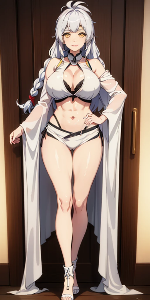 1girl full body standing, nice ass, Hairstyle with a braid, white colored hair, Yellow eyes, perfect lighting, muscular, thights, Mature woman, mummy, bellybutton, Abs, looks at the viewer (tmasterpiece, hiquality: 1.1) ssmile, Extremely huge breasts, Maternal, porcelain skin, extra very long hair, sparkly skin, good face, chest cover