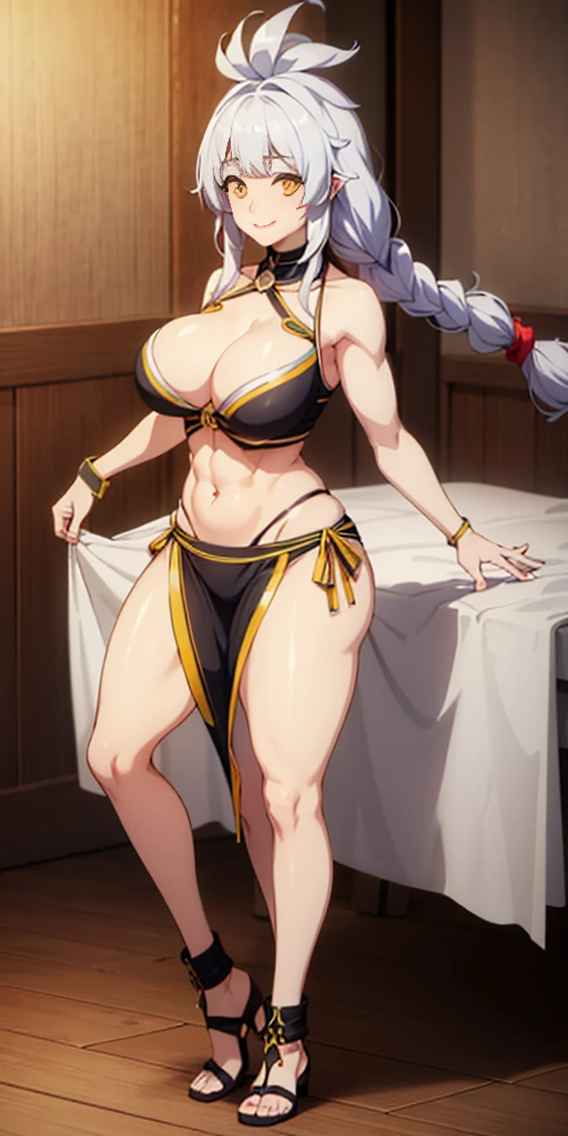 1girl full body standing, nice ass, Hairstyle with a braid, white colored hair, Yellow eyes, perfect lighting, muscular, thights, Mature woman, mummy, bellybutton, Abs, looks at the viewer (tmasterpiece, hiquality: 1.1) ssmile, Extremely huge breasts, Maternal, porcelain skin, extra very long hair, sparkly skin, good face, chest cover