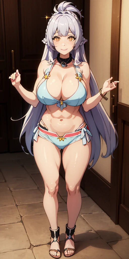 1girl full body standing, nice ass, Hairstyle with a braid, white colored hair, Yellow eyes, perfect lighting, muscular, thights, Mature woman, mummy, bellybutton, Abs, looks at the viewer (tmasterpiece, hiquality: 1.1) ssmile, Extremely huge breasts, Maternal, porcelain skin, extra very long hair, sparkly skin, good face, chest cover