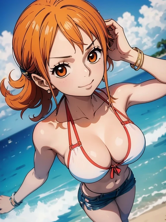 Nami wears a bikini top and super red miniskirt, uma obra-prima , Retrato bonito , arte de anime digital detalhada , Muito detalhes Artgerm haha, deviantart artstation cgsscosiety , fanart melhor artstation, Artgerm. alto detalhamento, seios grandes, olhando para baixo.