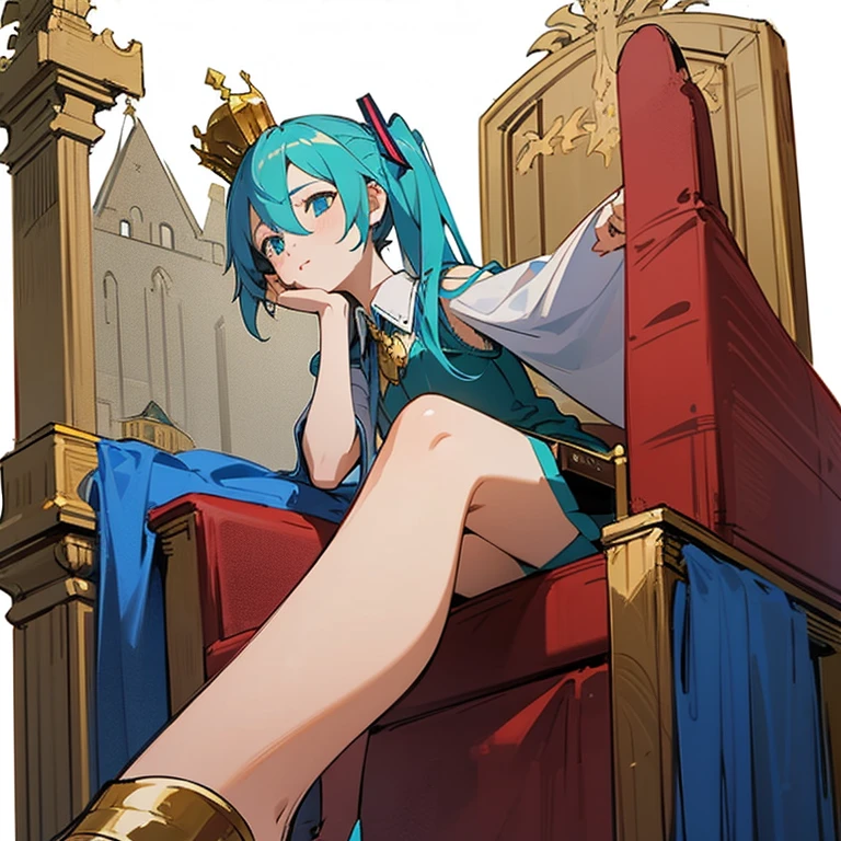 1girl, Hatsune Miku, princess outfit, crown, gold, ((throne)), in a castle, Middle Ages, wearing a blue vest, one foot on the ground, the other foot calf turned outward, one hand holding the microphone, the other hand across the eyes Biye, white background