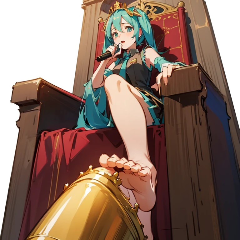 1girl, Hatsune Miku, princess outfit, crown, gold, ((throne)), in a castle, Middle Ages, wearing a blue vest, one foot on the ground, the other foot calf turned outward, one hand holding the microphone, the other hand across the eyes Biye, white background