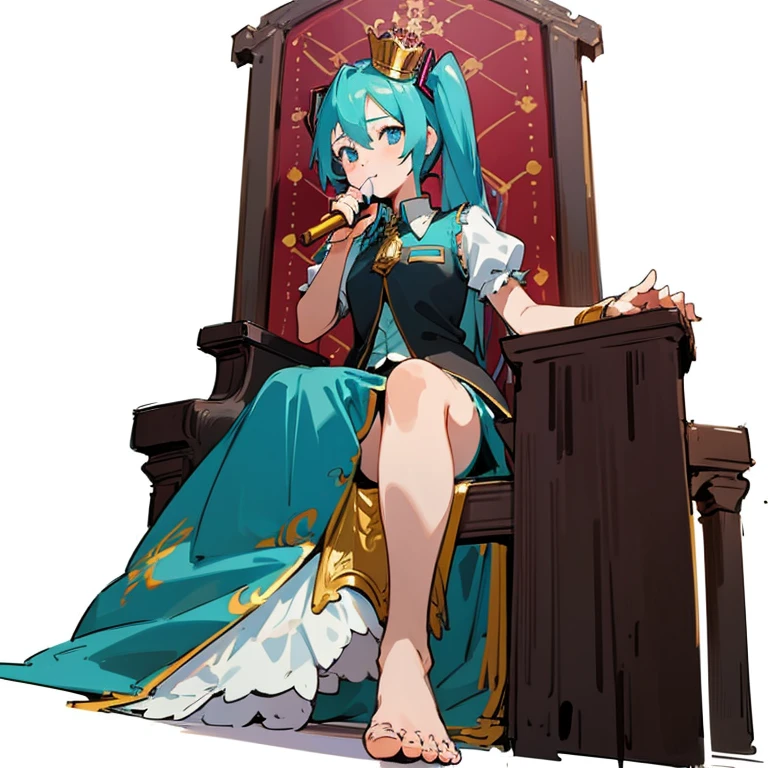 1girl, Hatsune Miku, princess outfit, crown, gold, ((throne)), in a castle, Middle Ages, wearing a blue vest, one foot on the ground, the other foot calf turned outward, one hand holding the microphone, the other hand across the eyes Biye, white background