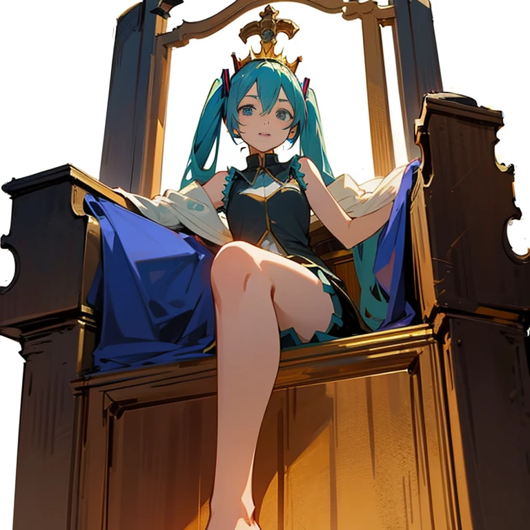 1girl, Hatsune Miku, princess outfit, crown, gold, ((throne)), in a castle, Middle Ages, wearing a blue vest, one foot on the ground, the other foot calf turned outward, one hand holding the microphone, the other hand across the eyes Biye, white background