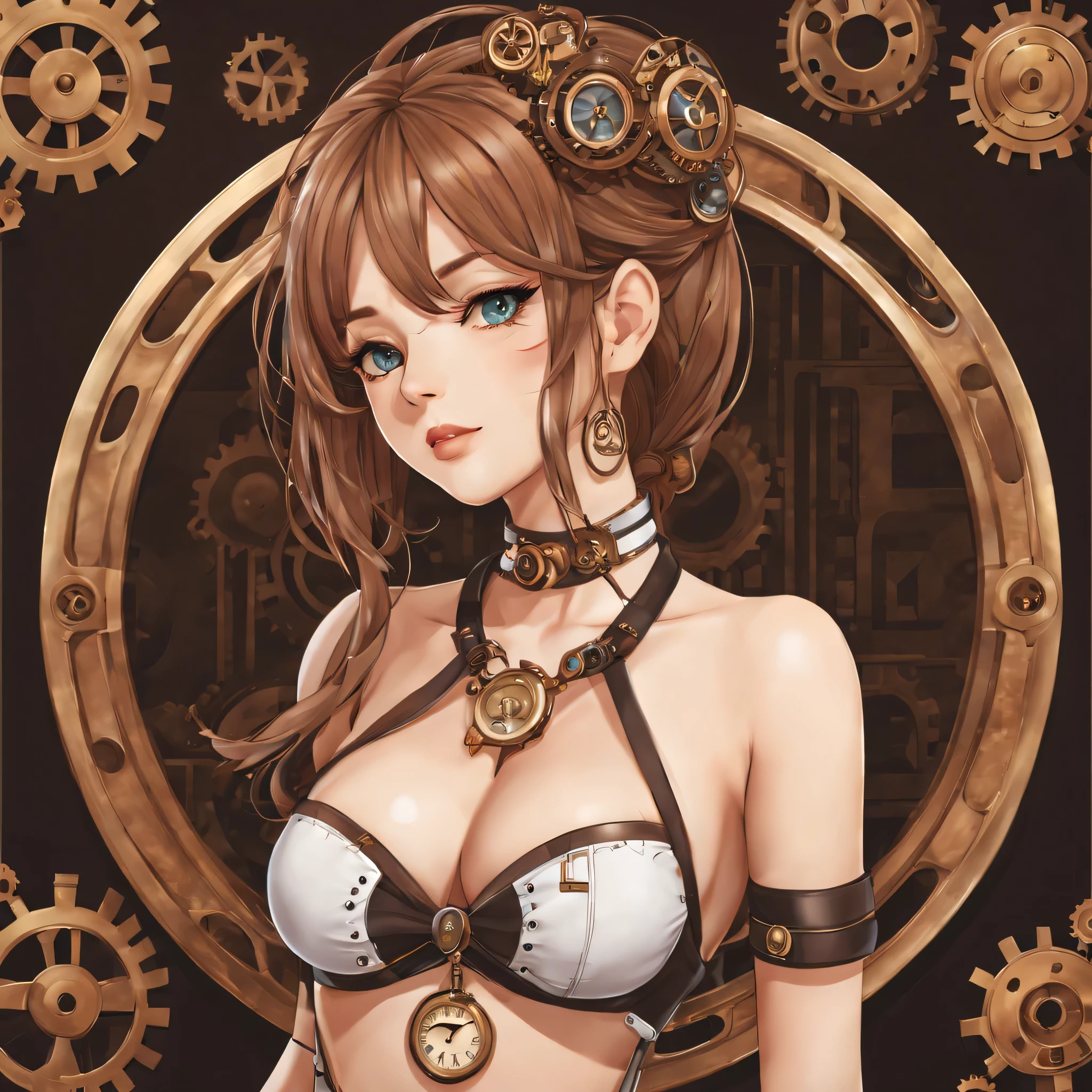 (a sticker,),(3D anime girl),bikini, elegance,beautyful face,(In circlerown background), (steampunk border), ultra - detailed, best quality, Detailed diagram, vectorized, 8K, 专业a sticker设计, Graphic design, vector lines, a sticker, Full-HD