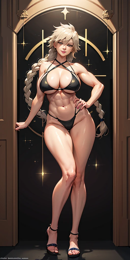 1girl full body standing, nice ass, Hairstyle with a braid, white colored hair, Yellow eyes, perfect lighting, muscular, thights, Mature woman, mummy, bellybutton, Abs, looks at the viewer (tmasterpiece, hiquality: 1.1) ssmile, Extremely huge breasts, Maternal, porcelain skin, extra very long hair, sparkly skin, good face, chest cover