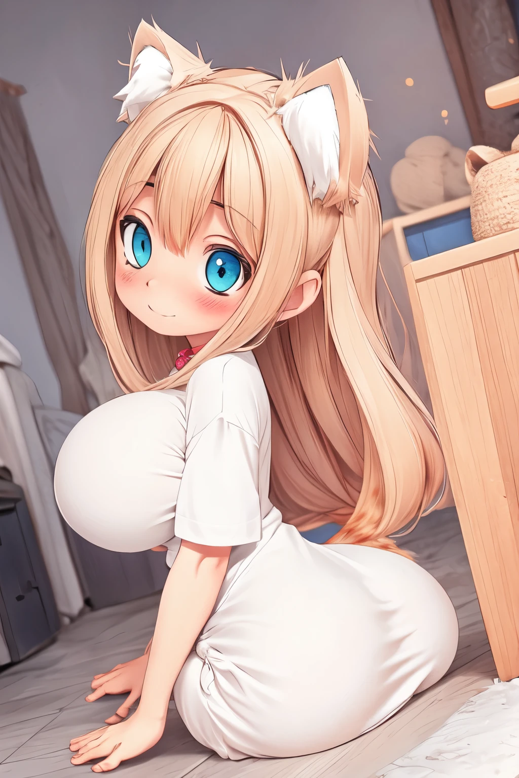 masterpiece, high quality, 1 girl, (oppai loli), glossy skin, shy, embarrassed, blushing, slender, slim, anatomically correct, huge breasts, (rainbow hair), detailed face, detailed eye, cute, beautiful eyes, beautiful face, busty figure, hourglass figure, beautiful girl, skinny, SFW, excessive blushing, loli, catgirl, cat ears