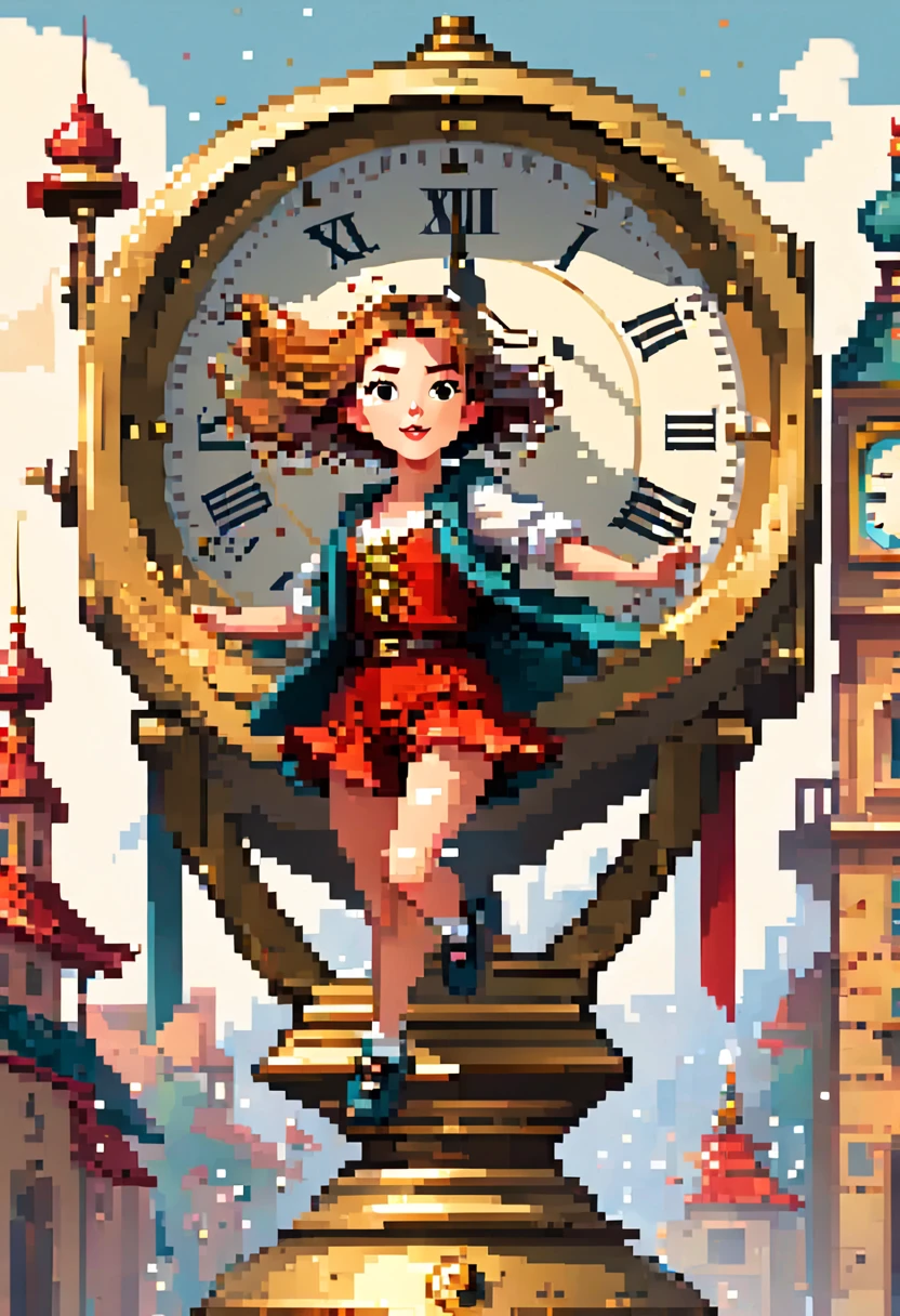 New Year 2024，New Year，Clock hands midnight，flat illustration，flat illustration，(A girl stands on top of a super big clock and runs forward，Look at the audience:1.5)，(anatomically correct, Exquisite face makeup , pretty face, Perfect face proportions，golden ratio body),（Advanced facial details:1.1), full of imagination，warm scene，festive，fireworks，lanterns，celebrate New Year，Vector illustration