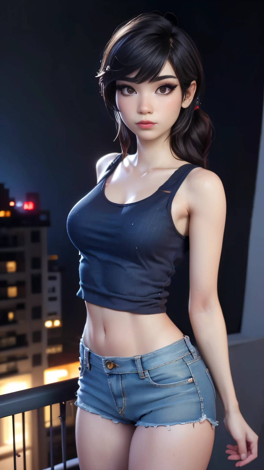 photo of Emiru, RAW, beautiful woman, ((portrait)), ((detailed face:1.2)), ((detailed facial feature, detailed skin, clear skin), (perfect proportioned body), arched back, (wearing a small tank top & short jean shorts) (high detailed city environment, apartment balcony), (realistic photo, best quality, detailed), (8k wallpaper), (cinematic lighting, dramatic lighting) (sharp focus, intricate)