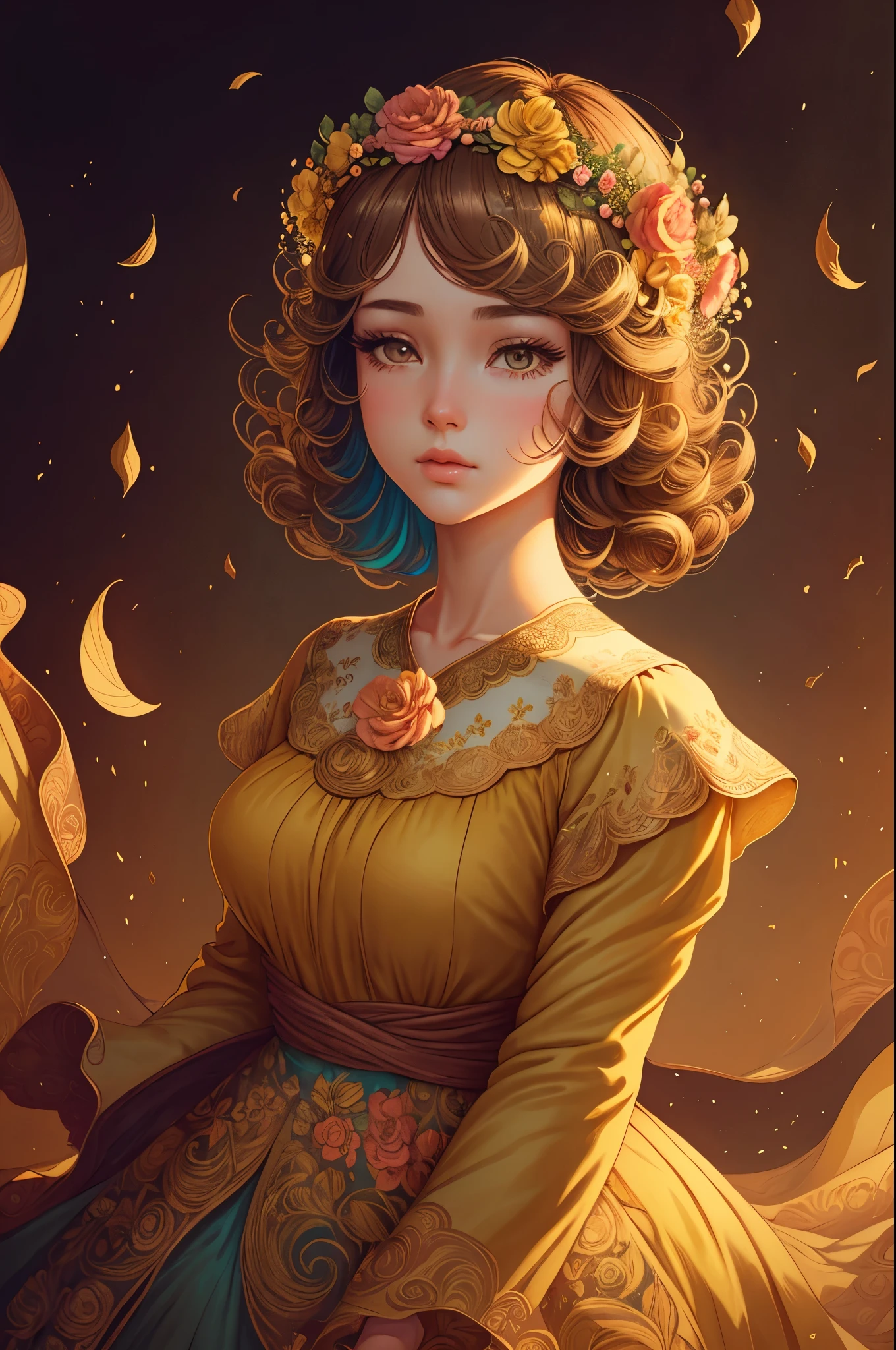there is a woman with a flower crown on her head, stunning digital illustration, beautiful digital artwork, Exquisite digital illustration, James Jean & Vlop, Gorgeous digital art, Beautiful digital illustration, beautiful art uhd 4 k, beautiful Gorgeous digital art, Highly detailed 4K digital art, beautiful digital art, very beautiful digital art, Beautiful illustration of a girl in flowers wearing eco-friendly couture clothes in vintage style exquisite eco-friendly atmosphere delicate brown and yellow pastel free pose full length
