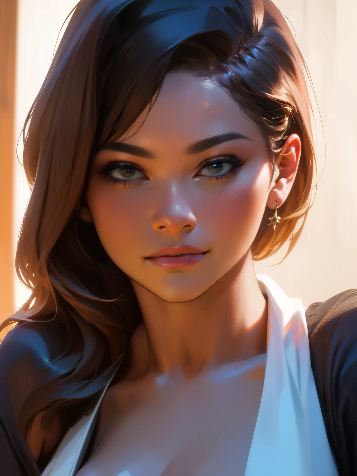 (best quality,4k,highres,masterpiece:1.2),ultra-detailed,(realistic:1.37),photorealistic, beatiful woman, sexy face, selfie, cleavage, thick lips