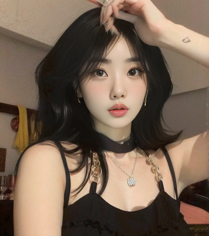 Asian woman devastated in black blouse and choker, cruel korean goth girl, Ela tem cabelo preto com franja, linda mulher coreana jovem, coreana, Mulher sul-coreana bonita, goth girl aesthetic, 18 anos, Xision Wu, Ulzzang, mulher coreana jovem bonita, an Asian woman, Asian girl, menina anos