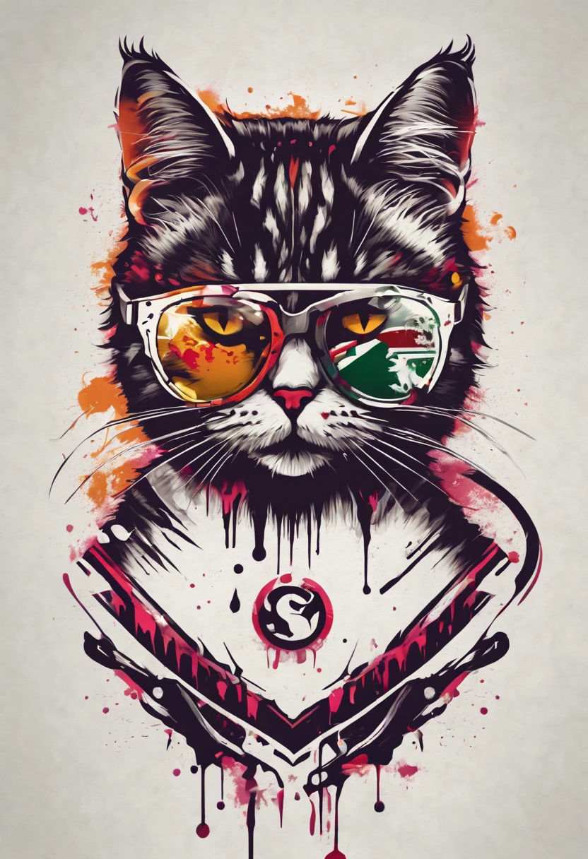 cat logo design,t shirt design,beefy style,design only,white background,no model,professional,high contrast,high-res,ultra-detailed,vivid colors,metallic accents,sharp focus,edgy,dynamic composition,gritty texture,rough brush strokes,mechanical elements,chrome effect,classic typography,retro style,distressed look,aggressive lines and curves,3D rendering,striking visual impact,dark shadows,strong branding presence,monochromatic palette,industrial aesthetic, 