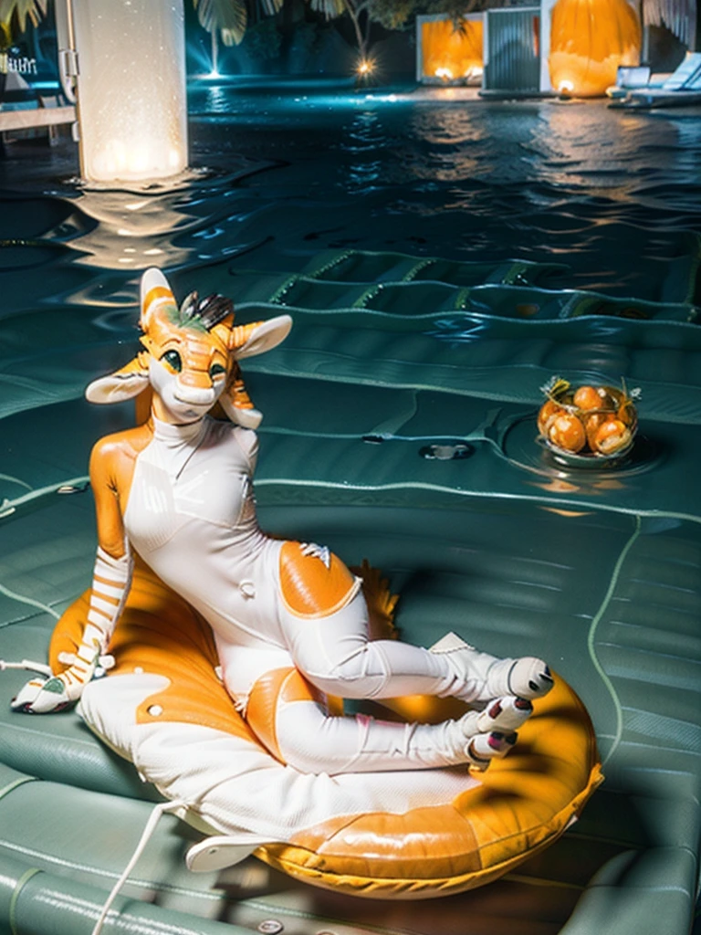 Ultra high resolution, extremely detailed raw photograph, close-up, (half transformation), human Avali shiny smooth polyvinyl pooltoy fursuit hybridization metamorphosis, on beach at night, (half human), ((((dark green orange tan)))), ((liquid polyvinyl goo partial encasement)), human Avali pooltoy fursuit hybrid, zipper, plastic handlebars, air valve nozzle