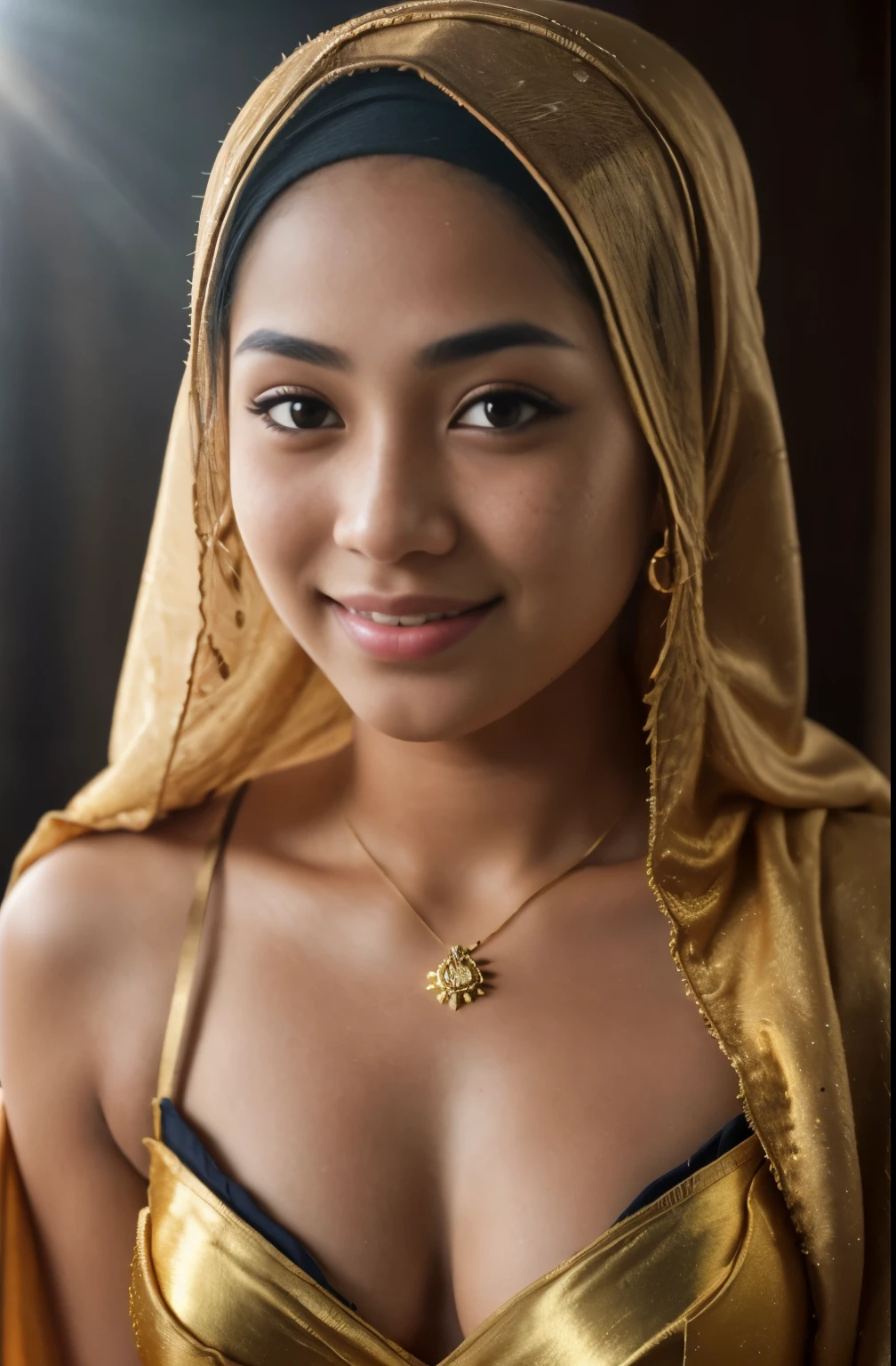 golden bellydancer, cleavage,  beautiful teen javanese girl with hijab and few soft freckles, mole below eyes, detail skin texture, smile, , dramatic light , Rembrandt lighting scheme, (hyperrealism:1.2), (8K UHD:1.2), (photorealistic:1.2), shot with Canon EOS 5D Mark IV, detailed face, detailed skin texture, 35mm, over-the-shoulder shot,cool-toned color grading, Deep Focus cinematography effect, Natural Lighting, high quality, ultra detail, 8k resolution,