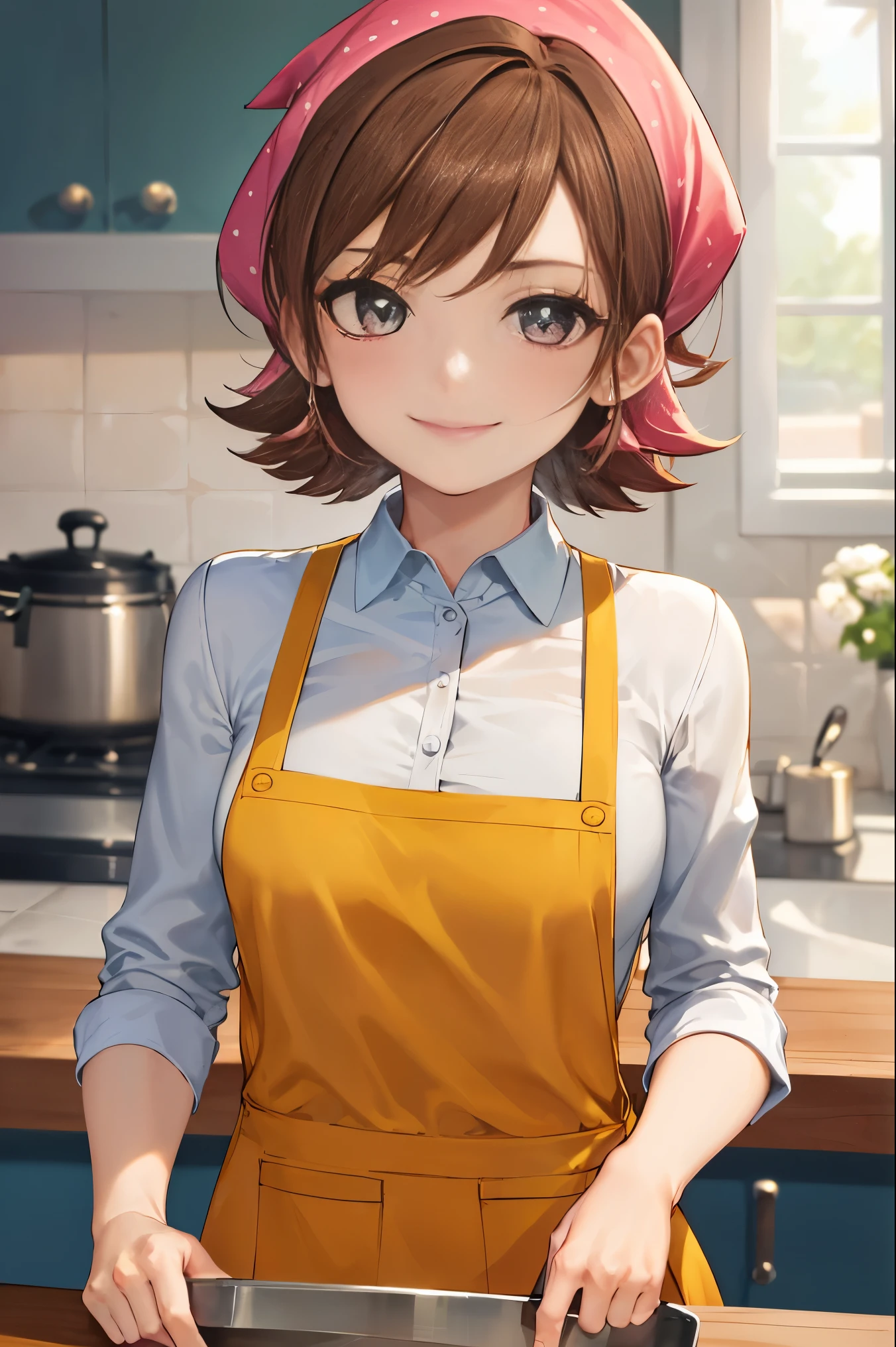 ((best quality)), ((highly detailed)), masterpiece, absurdres, extremely detailed face, beautiful face, (detailed eyes, deep eyes), (1girl), upper body, cookingmama, brown hair, short hair, brown eyes, medium breasts, pink bandana, smiling, (yellow apron), long apron, maxi apron, white collared shirt, sleeves rolled up, blue pants, slippers, white footwear, , indoors, in a kitchen, tea and a coffe in a table