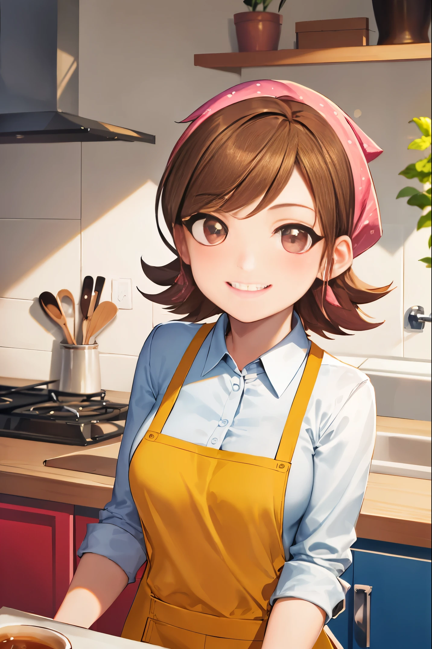 ((best quality)), ((highly detailed)), masterpiece, absurdres, extremely detailed face, beautiful face, (detailed eyes, deep eyes), (1girl), upper body, cookingmama, brown hair, short hair, brown eyes, medium breasts, pink bandana, smiling, (yellow apron), long apron, maxi apron, white collared shirt, sleeves rolled up, blue pants, slippers, white footwear, , indoors, in a kitchen, tea and a coffe in a table