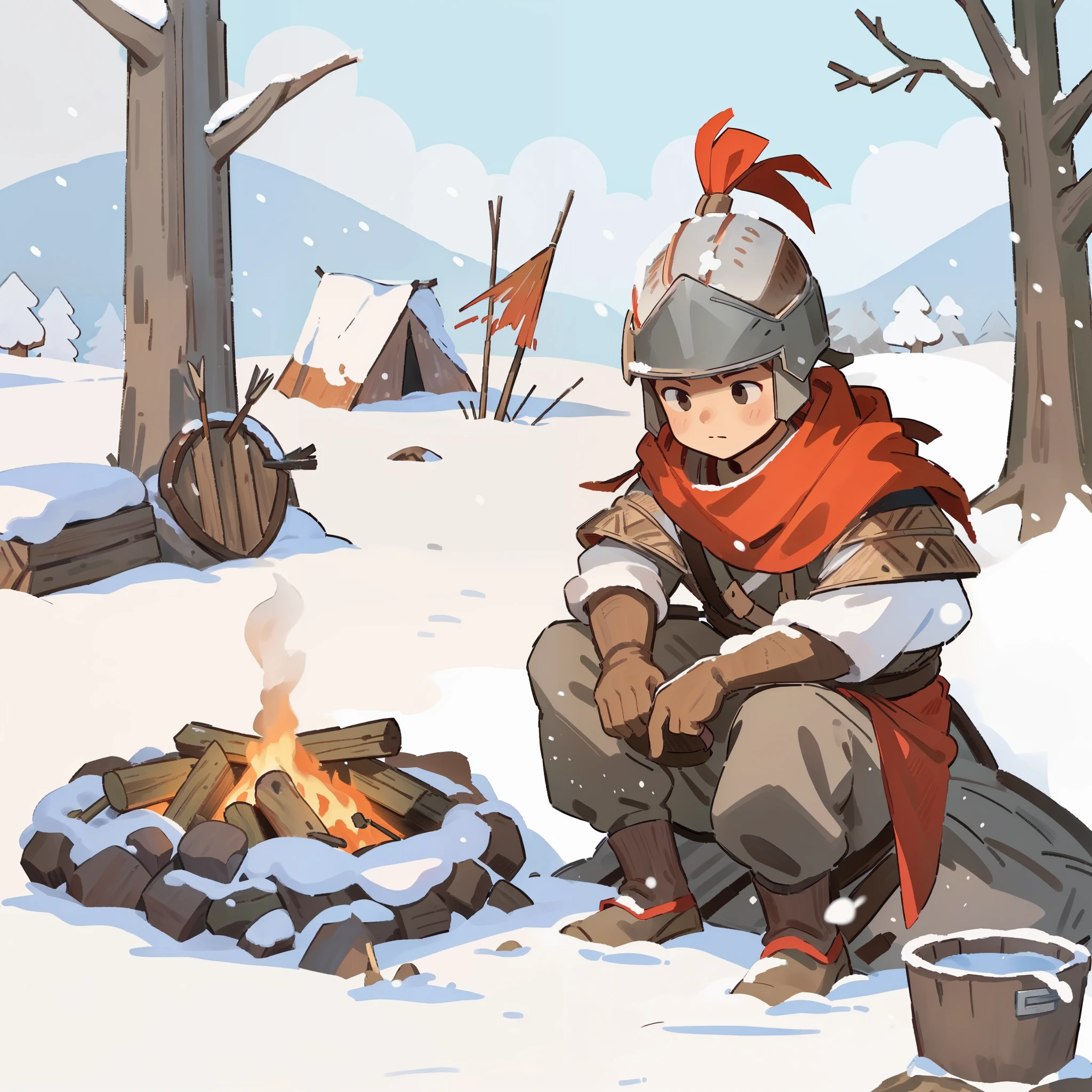 fine，refine，detail，smooth brush，一个Wood escape，上面插着三只arrow，Wood escape，bonfire，Soldier，white snow, that tree, snow, cloth tent，shield，arrow，bucket，wood，snow，falling snow，Soldier，bonfire，panoramic, 燃烧的bonfire旁的地上，wood，远处是一个cloth tentthat tree木和雪山，   wasteland， white snow, 那个that tree, snow, panoramic, side