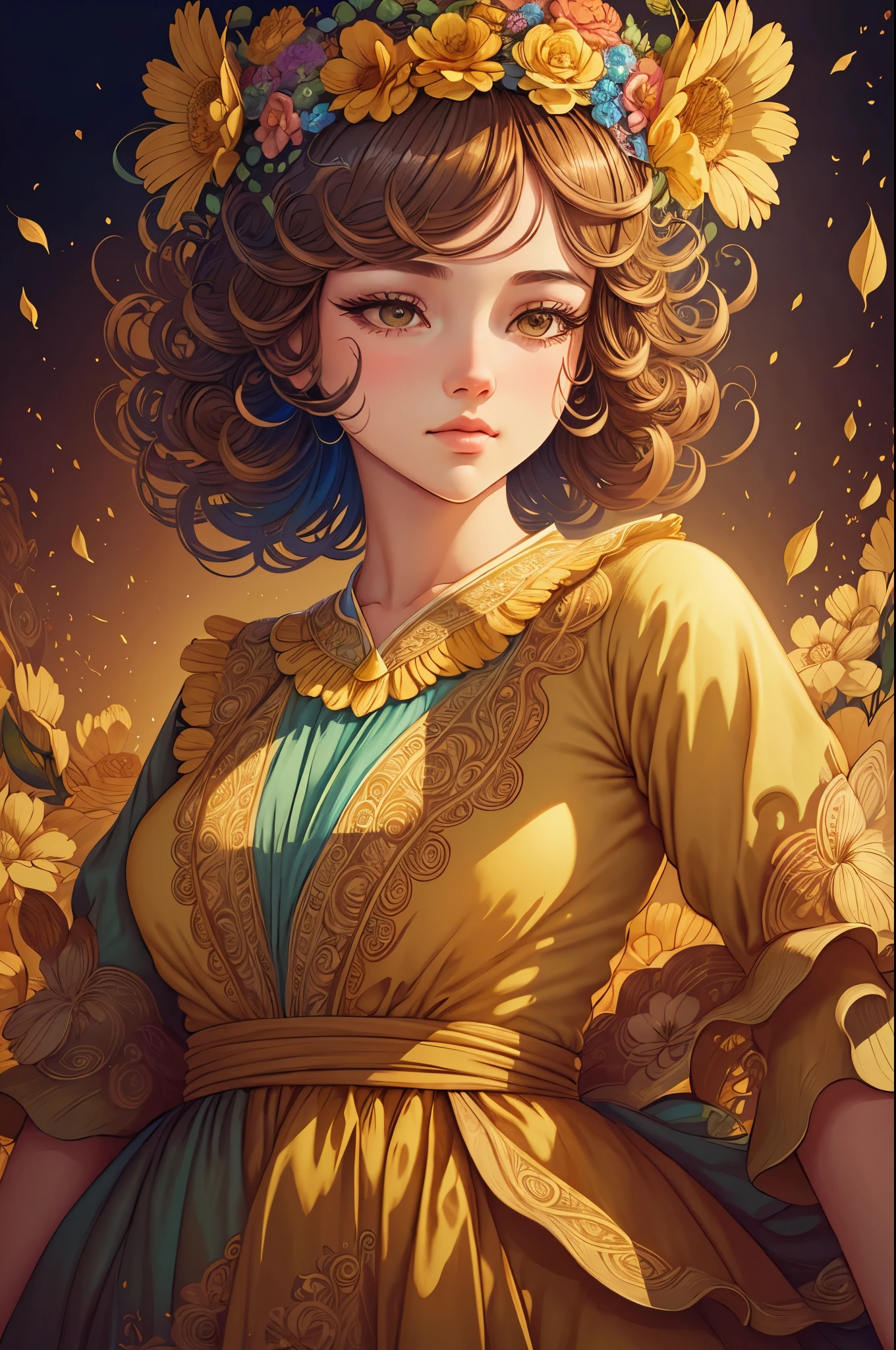 there is a woman with a flower crown on her head, stunning digital illustration, beautiful digital artwork, Exquisite digital illustration, James Jean & Vlop, Gorgeous digital art, Beautiful digital illustration, beautiful art uhd 4 k, beautiful Gorgeous digital art, Highly detailed 4K digital art, beautiful digital art, very beautiful digital art, Beautiful illustration of a girl in flowers wearing eco-friendly couture clothes in vintage style exquisite eco-friendly atmosphere delicate brown and yellow pastel free pose full length