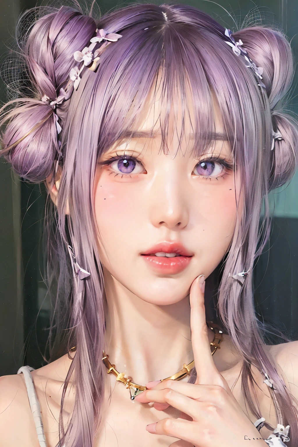 un primer plano de una persona con cabello morado y un collar, retrato realista kawaii, peinado kawaii, Linda cara de anime natural, ojos lavanda, linda chica kawaii, bella delfina, peinado kawaii, muy hermosa linda catgirl, ojos lavanda y rosa, pale skin and purple eyes, kawaii aesthetics, chica anime en la vida real, bonita cara de anime