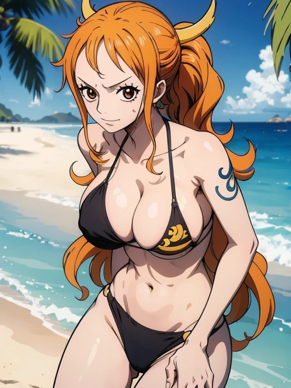 (estilo de arte de anime),nami from one piece, olhos castanhos, cabelo de rabo de cavalo longo laranja, wearing black biquini, sentado na praia, (NSFW), vista frontal.