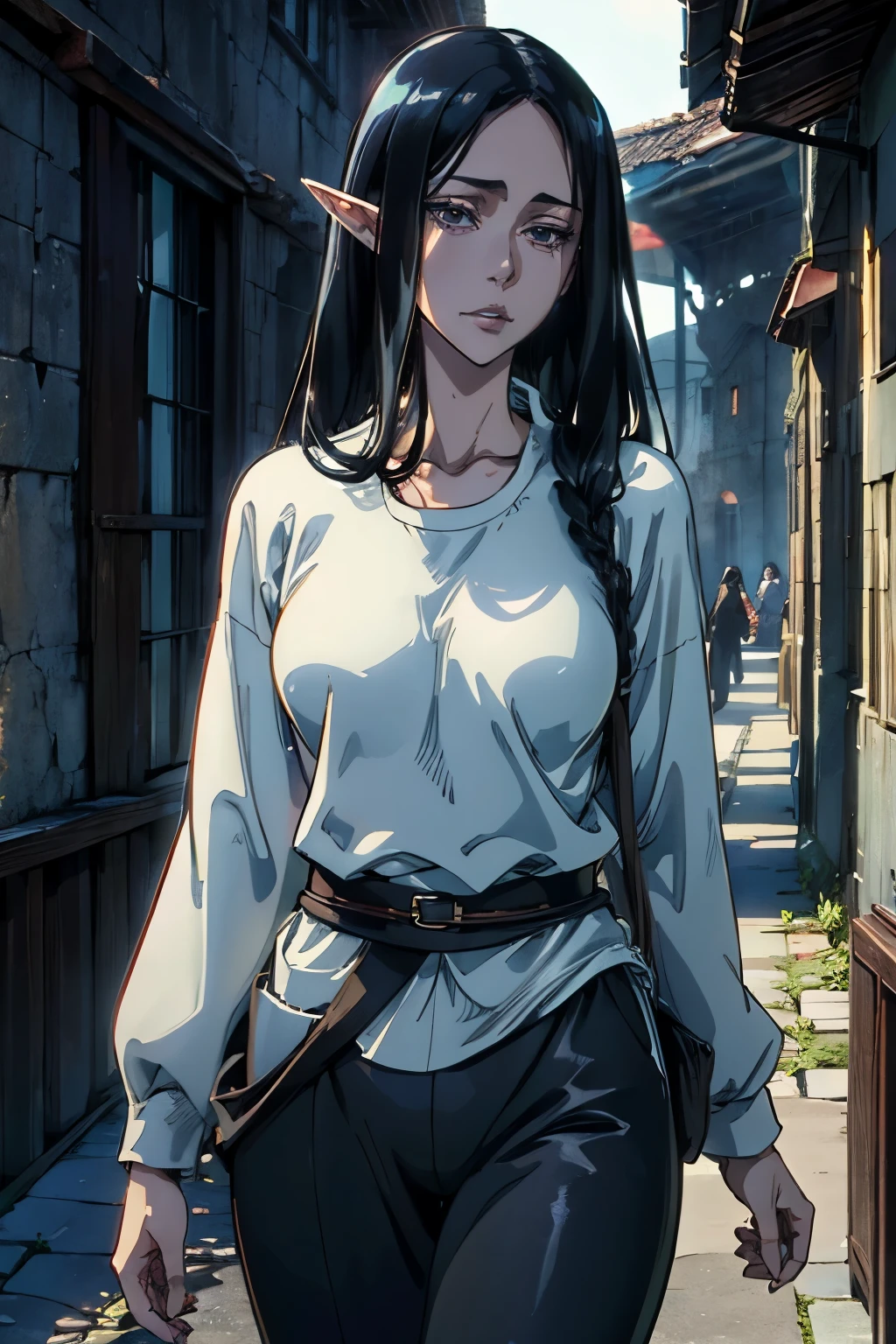 solo, ((masterpiece)),((high resolution)),((best quality)), extremely fine and beautiful, super fine illustration, (realistic skin), (insanely detailed anime eyes), mature, milf, vivid and beautiful, shocking sensation, incredibly detailed, beautiful detailed girl, (sensual), (medium supple breasts:0.7), front view, walking, hallway, facing at viewer, black hair, (elf), (medium long elf ears), (tunic and pants:1.0) ((black hair)), (very long hair), (small breasts:0.9), (plump thighs:0.6), (wide hips:0.6), movie lighting, perfect shadow, realistic lighting shaded, ((medieval fantasy brothel scenery))