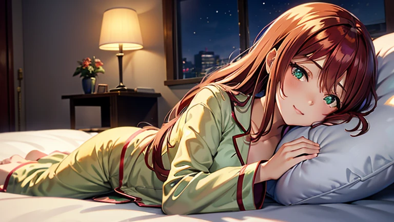 (Best quality), ((1girl)), Anime girl with long hair, Anime Best Girl, pretty anime girl, Seductive Anime Girl, charming anime girl, Cute anime girl, expressive face, Shining eyes, ((tired eyes)), ((looking at viewer)), red hair, green eyes, detailed face, ((baggy pajamas)), ((sleeping)), sleepy, lying down in bed, (big pillow), blanket, comfy, resting pose, hands, (Gentle smile), night, moon light, luminescent light, lights turned off, (pajama pants), Perfect body, side view, curves,