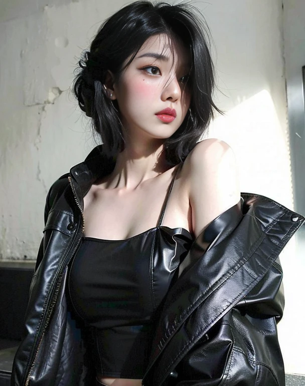 Stunning Asian woman in a black blouse and leather jacket, cruel korean goth girl, usando jaqueta de couro cyberpunk, goth girl aesthetic, preto hime corte cabelo, very aesthetic leather jacket, 🤤 retrato da menina, roupas finas de couro preto, gothic aesthetic, com cabelos curtos, 1 7 Year Old Goth Anime Girl, pale gothic beauty, estilo sombrio, Ulzzang