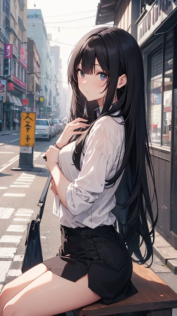 A woman with long black hair，wearing white shirt，Eye，anime girl，modern
