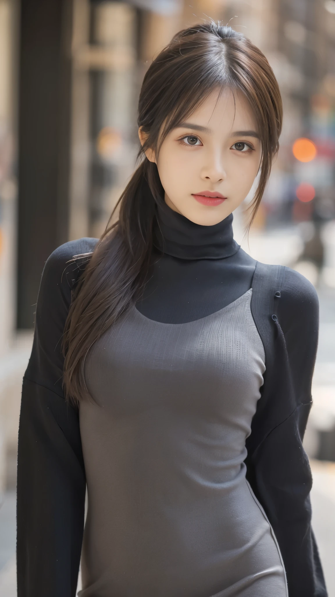 Obra maestra, La mejor calidad, ultra-high resolution, Foto de alto detalle, Unidad 8K Fondo de pantalla, CG extremadamente detallado:1.2),(Foto RAW:1.realistic photography:1.4), 1girll , joven, physically based representation, beautiful, (Cara finamente detallada:1.4, Ropa detallada), (Detallado:1.4) Cara hermosa, Profundidad de campo, Agregar capa, hiperrealista, 27 years old, Modelo de cuerpo perfecto, senos perfectos, 175cm de altura, pose sexy, cuerpo completo, Tipo de cuerpo del modelo,skinny turtleneck mini dress, Cabello largo, pony tail, (Eimi Fukada), doble parpado, depth of field, bokeh,