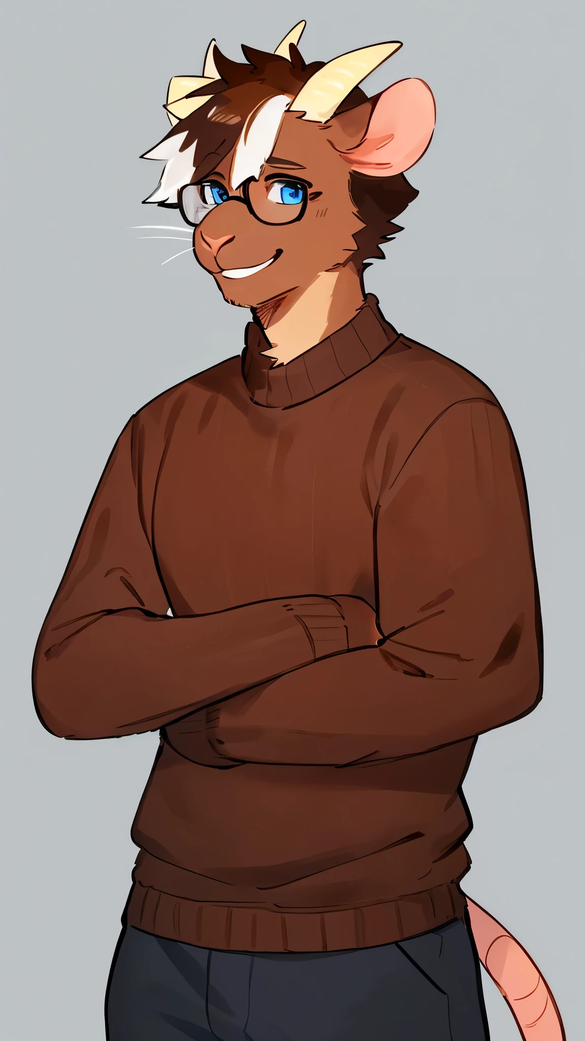 By bebebebebe, by lostgoose, by goonie-san, male, goat-rat hybrid, ((goat horns)), mouse ears, (chestnut colored fur with white highlights), brown hair, blue eyes, mouse tail, adult, handsome, mature, dark red sweater, black wire glasses, solo, standing