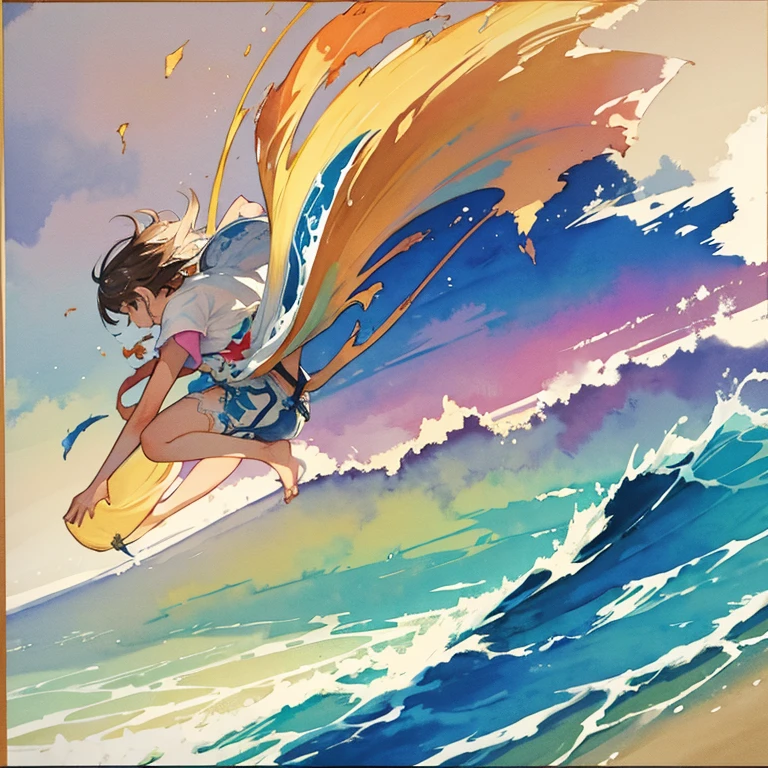 jumping watercolor paint nudist、Torn clothes are scattered around、Unstable buoyancy sandstorm、amazing dynamism、great angle、A cloth covered in numerous watercolors chases you、Lumpaulin