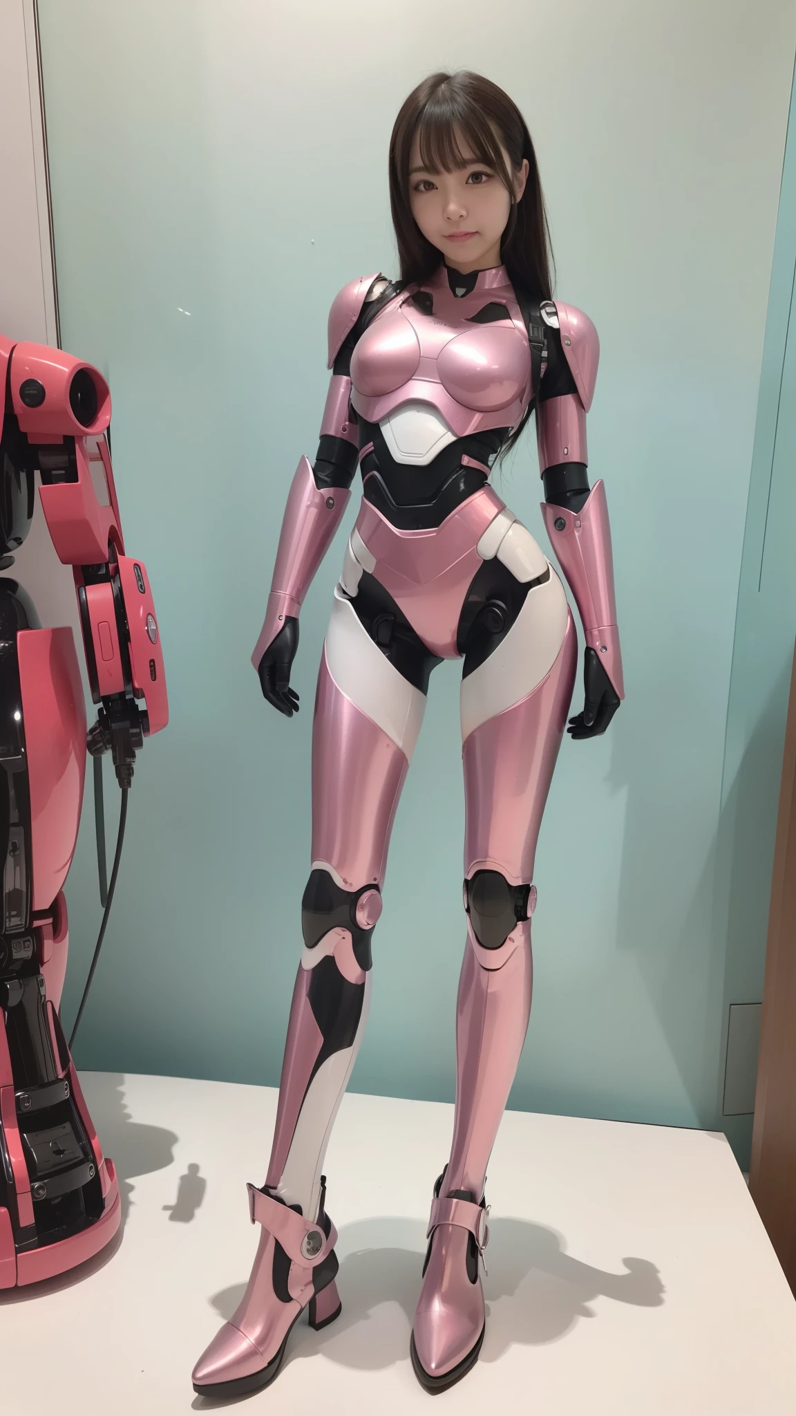 cyborg, Pink, Silver, metallic, Robot Parts, Metal Parts, Super Detailed Face, Super Cropped Face, of the highest quality, a small face, Full body, Standing, Black hair, Thin, Camera gaze, Internal Mechanical Exposure, Idol, Live action,, 9 head body, gravure, Photo session, Akihabara, Moe Pose, Frontal, Model body type, sad, Embarrassing,(Perfect Robot Girl),(Perfect machine body)