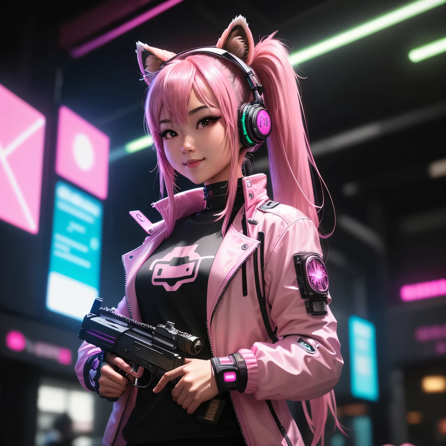 (8k, HDR, RAW photo, best quality, masterpiece:1.2, realistic lighting), Overhead view, Dynamic angle, an asian girl, solo, smile, (holding a gun), (a twintail), pink hair, path traced hair, (pink racoon ears), ((pink eyes)), pink headset, nice hands, (thin face), beauty eyes, (cyberpunk:1.3), wearing a pink jacket, mechanical shoulder, neon light, edge lights, look up, upper body.