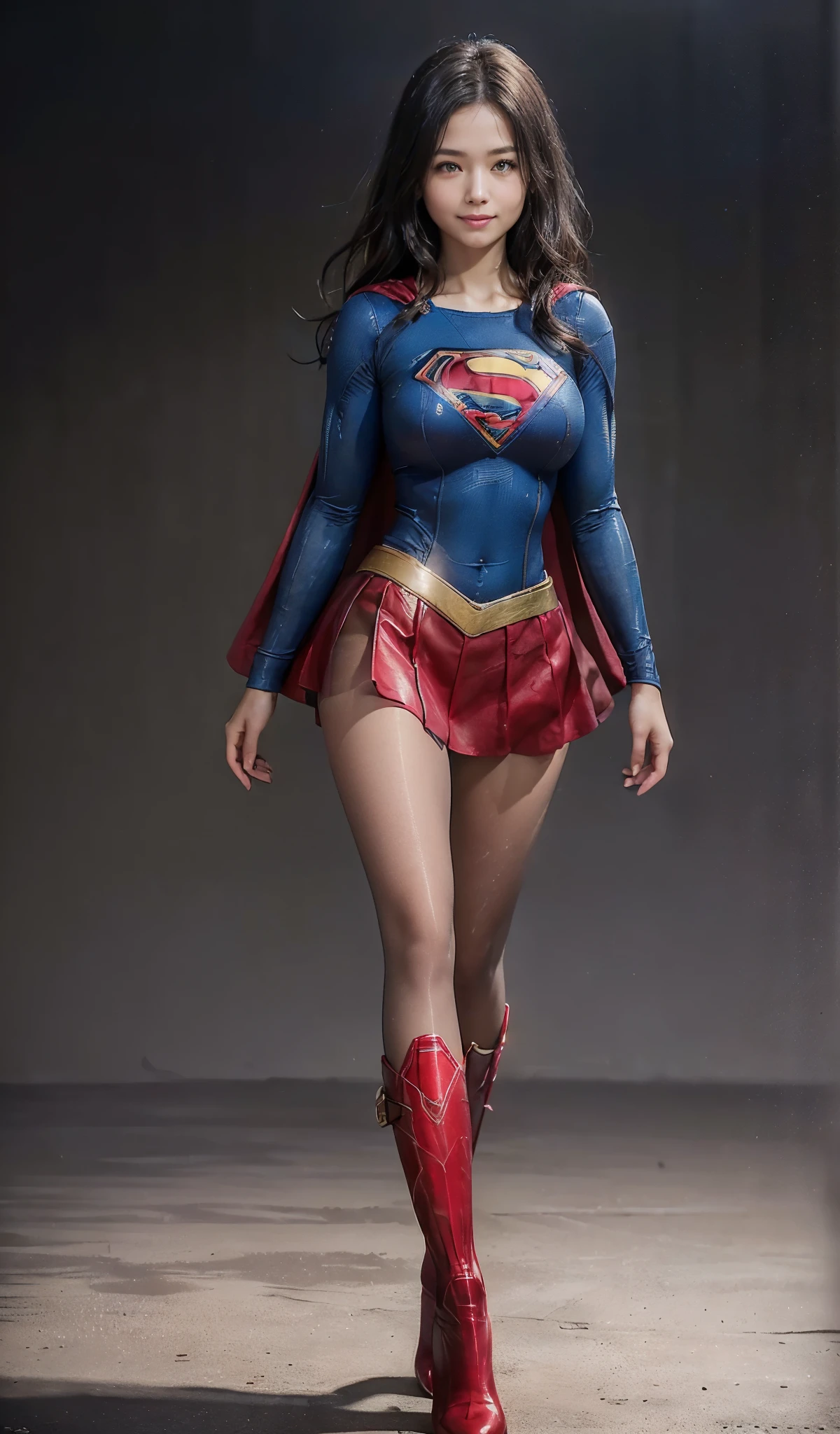 no background、no background、Fitted Supergirl costume、Hairstyle is short、Body Fit Costumes、draw the whole body、(((Wear black tights on your beautiful legs.)))、(((stretch your legs、tall、Legally express the beauty of your smile)))、((((Make the most of the original image)))、(((Supergirl Costume)))、(((beautiful hair)))、(((Suffering)))、(((Feet must necessarily be worn with black tights)))、(((You need to wear red boots)))、((Highest image quality、8K))、((highest quality、8K、masterpiece:1.3))、(((Keep Background )))、clear focus:1.2、beautiful woman with perfect figure:1.4、slender abs:1.2、wet body:1.5、Highly detailed face and skin texture、8K