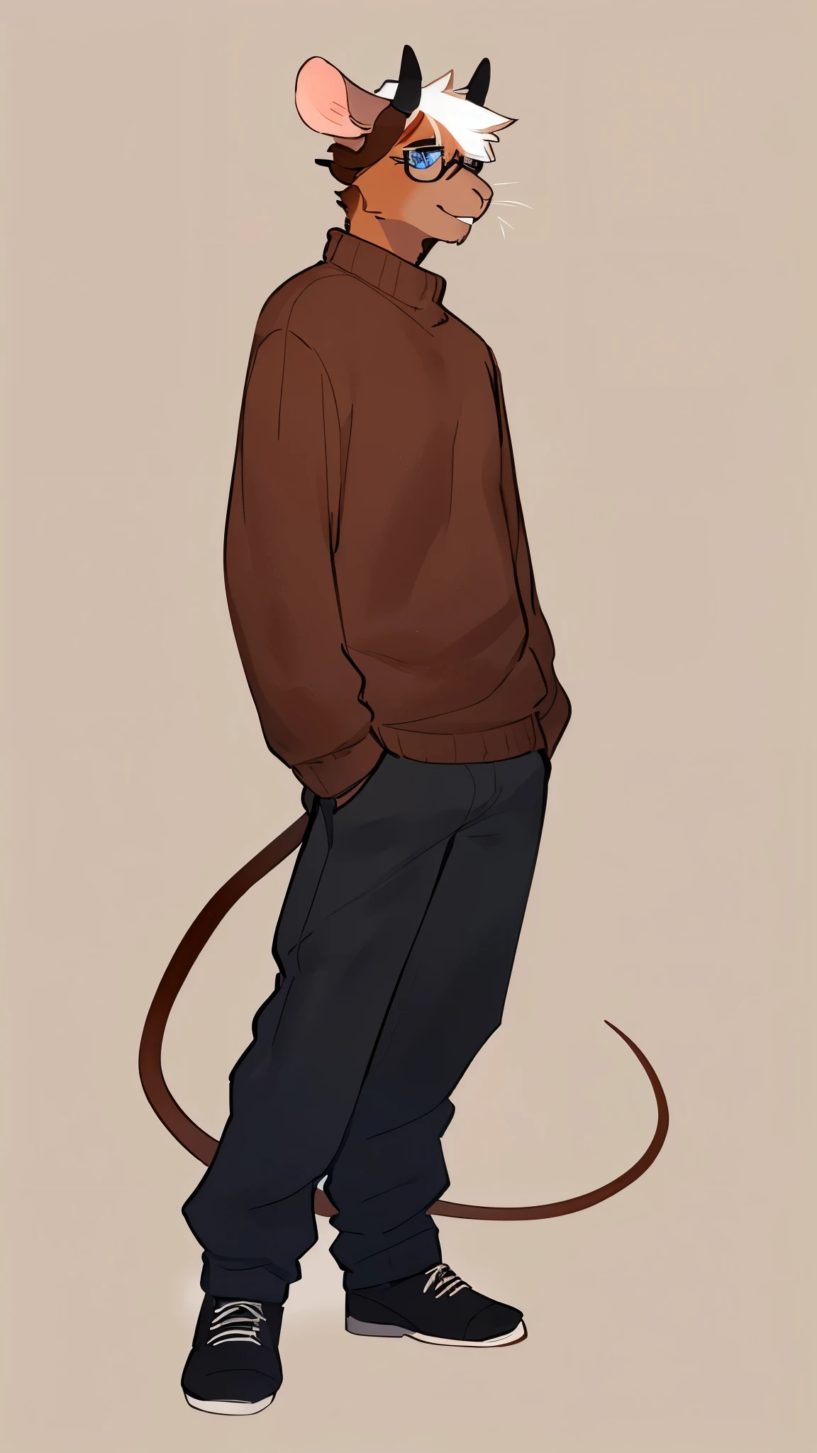 By bebebebebe, by lostgoose, by goonie-san, male, goat-rat hybrid, ((goat horns)), mouse ears, (chestnut colored fur with white highlights), brown hair, blue eyes, mouse tail, adult, handsome, mature, dark red sweater, black wire glasses, solo, standing