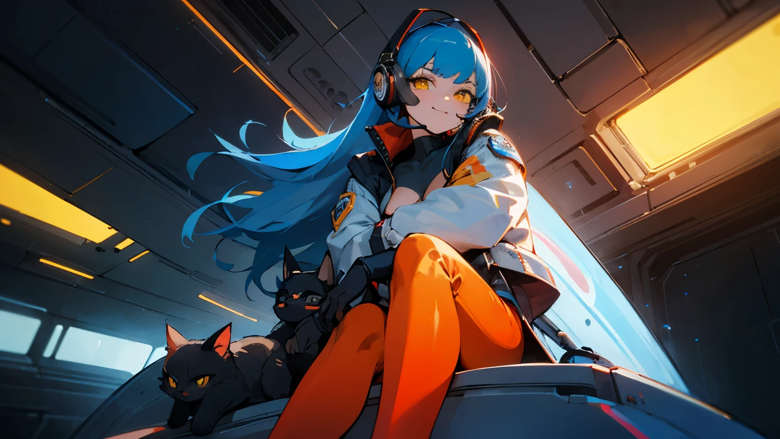 1girl hugging a black kitten, age25, face, smirk, 1980's style, long blue hair, yellow eyes(brightly glowing), sitting on spaceship pilot seat, topless, wearing open flight jacket, red skintight pants and headset, LED lamps, neon details, sci-fi, ray gun Gothic aesthetic, from below, cosmos and stars(highly detailed), absurdes, high res, chiaroscuro, volumetric lighting, ultrasharp, 8k, masterpiece, looking at viewer,