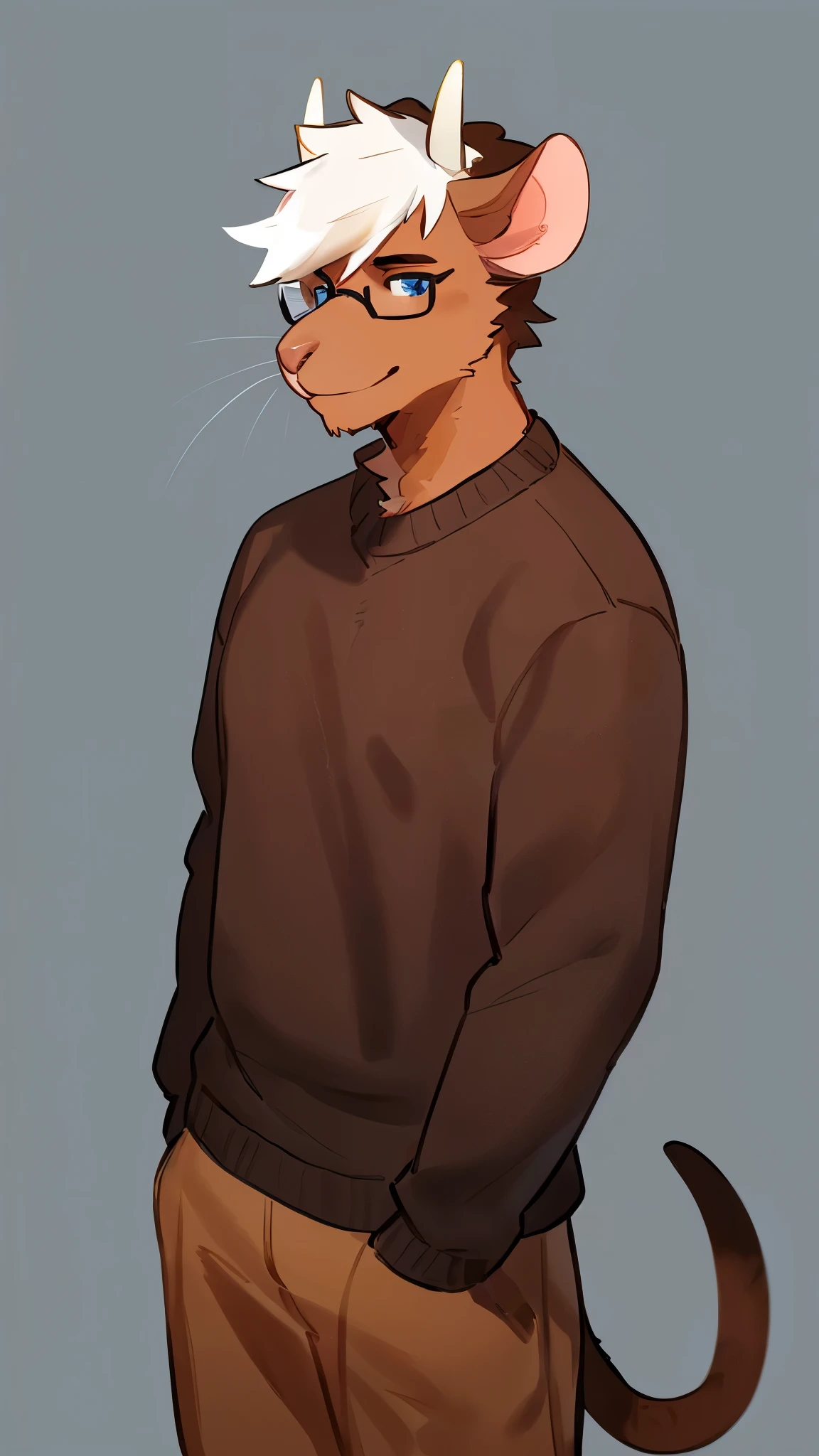 By bebebebebe, by lostgoose, by goonie-san, male, goat-rat hybrid, ((goat horns)), mouse ears, (chestnut colored fur with white highlights), brown hair, blue eyes, mouse tail, adult, handsome, mature, dark red sweater, black wire glasses, solo, standing